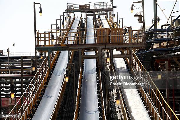 White potash moves along a conveyor belt in the processing plant at ICL Fertilizer's Dead Sea Works, part of Israel Chemicals Group, on the Dead Sea,...