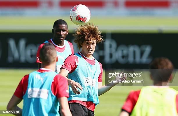 Gotoku Sakai jumps for a header during a VfB Stuttgart training session at the club's premises on May 8, 2013 in Stuttgart, Germany.