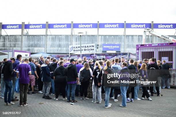 Fans of Osnabrueck arrive prior to the Second Bundesliga match between VfL Osnabrück and Hamburger SV at Stadion an der Bremer Brücke on September...