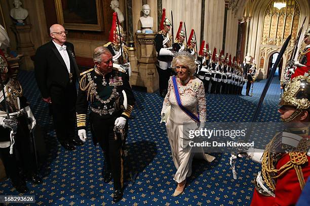 Prince Charles, Prince of Wales and Camilla, Duchess of Cornwall arrive through the Norman Porch of the Palace of Westminster ahead of the State...