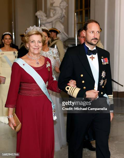 Queen Anne-Marie of Greece and Haakon, Crown Prince of Norway attend the Jubilee banquet during the celebration of the 50th coronation anniversary of...