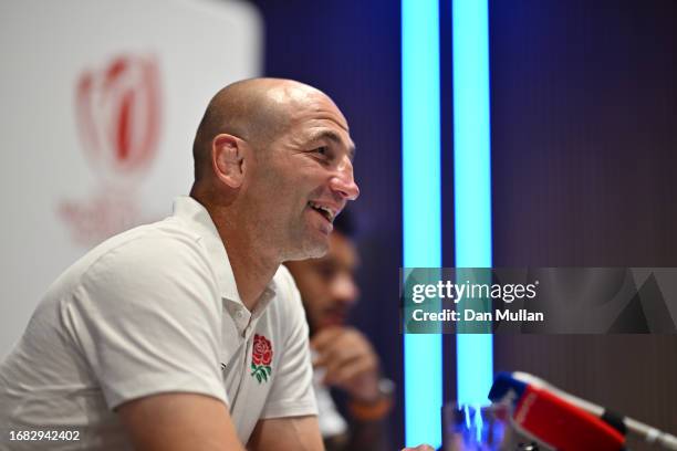 Steve Borthwick, Head Coach of England speaks to the media during a press conference at Mouratoglou Hotel & Resort on September 15, 2023 in Biot,...