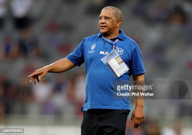 Allister Coetzee, Head Coach of Namibia, gestures prior to the Rugby World Cup France 2023 match between New Zealand and Namibia at Stadium de...