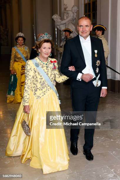 Queen Sonja of Norway and President of Iceland Guðni Thorlacius Jóhannesson attend the Jubilee banquet during the celebration of the 50th coronation...
