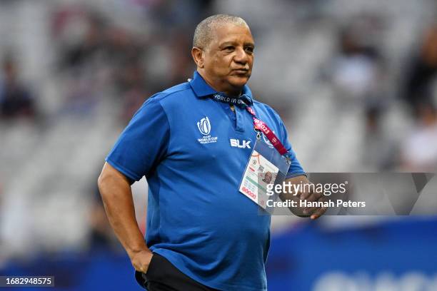 Allister Coetzee, Head Coach of Namibia, looks on prior to the Rugby World Cup France 2023 match between New Zealand and Namibia at Stadium de...