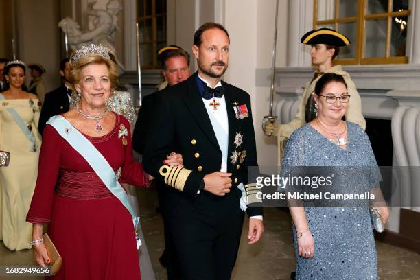 Queen Anne-Marie of Greece, Haakon, Crown Prince of Norway and Helena Norlén attend the Jubilee banquet during the celebration of the 50th coronation...