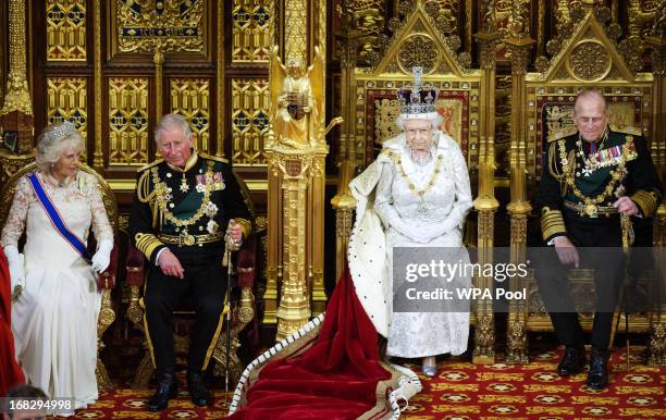 Camilla, Duchess of Cornwall, Prince Charles, Prince of Wales, Queen Elizabeth II and Prince Phillip, Duke of Edinburgh attend the State Opening of...