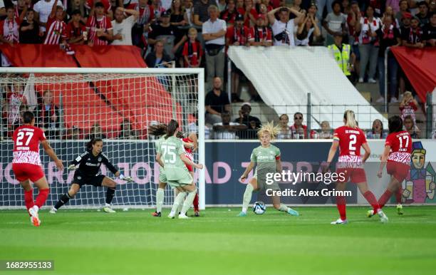 Svenja Foelmli of Sport-Club Freiburg scores the team's second goal during the Google Pixel Women's Bundesliga match between Sport-Club Freiburg and...