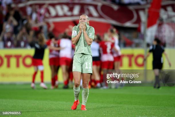 Lea Schueller of FC Bayern München looks dejected after conceding their team's second goal during the Google Pixel Women's Bundesliga match between...