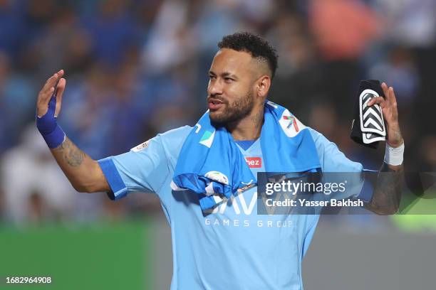 Neymar Jr of Al Hilal acknowledges the fans prior to the match between Al-Hilal and Riyadh at Prince Faisal Bin Fahad on September 15, 2023 in...