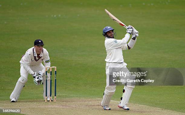 Adil Rashid of Yorkshire hits out for six runs during day two of the LV County Championship Division One match between Yorkshire and Somerset at...