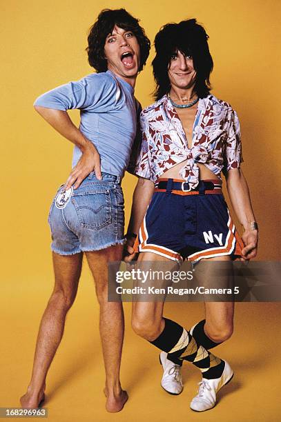 Mick Jagger and Ronnie Wood of the Rolling Stones are photographed at the Camera 5 studios in 1977 in New York City. CREDIT MUST READ: Ken...