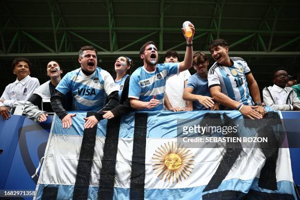 Argentinian supporters cheer ahead of the France 2023 Rugby World Cup Pool D match between Argentina and Samoa at Stade Geoffroy-Guichard in...