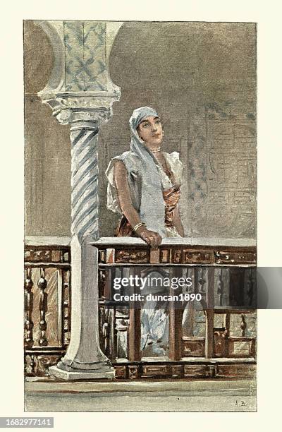 vintage illustration, arab north african woman in traditional drees, french, 1890s, 19th century - headscarf stock illustrations