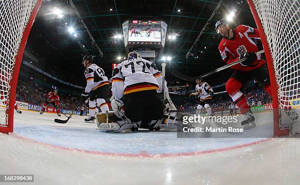 Thomas Vanek of Austria fails to score over Rob Zepp , goaltender of Germany during the IIHF World Championship group H match between Austria and...