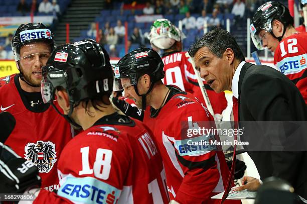 Manny Viveiros, head coach of Austria gives instructions during the IIHF World Championship group H match between Austria and Germany at Hartwall...