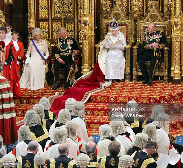 Camilla, Duchess of Cornwall, Prince Charles, Prince of Wales, Queen Elizabeth II and Prince Philip, Duke of Edinburgh attend the State Opening of...