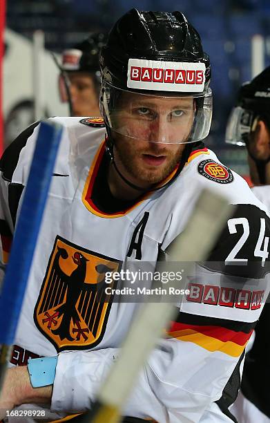 Andre Rankel of Germany reacts during the IIHF World Championship group H match between Austria and Germany at Hartwall Areena on May 8, 2013 in...