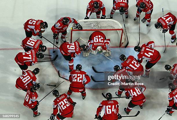 The team of Austria lines up the IIHF World Championship group H match between Austria and Germany at Hartwall Areena on May 8, 2013 in Helsinki,...