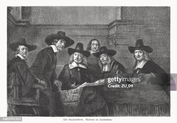 the sampling officials, painted by rembrandt, wood engraving, published 1878 - dutch guilder note stock illustrations