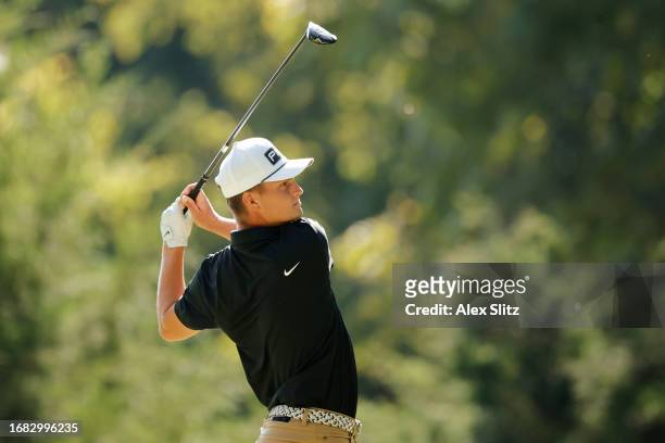 William Mouw of the United States hits a tee shot on the 16th hole during the second round of the Simmons Bank Open for the Snedeker Foundation at...