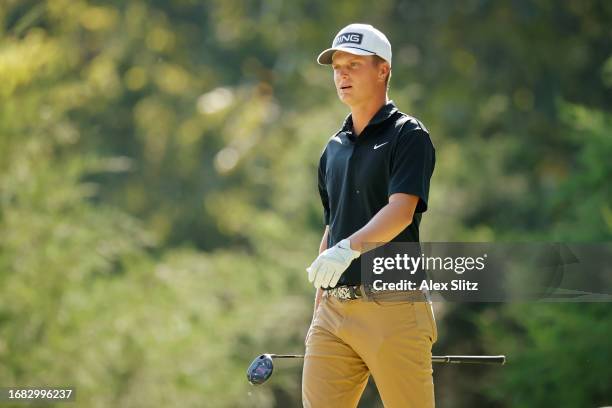 William Mouw of the United States walks off of the 16th hole during the second round of the Simmons Bank Open for the Snedeker Foundation at The...