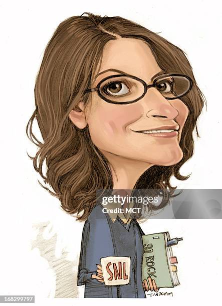 Chris Ware caricature of comedian Tina Fey, cohost of 2013 Golden Globe awards.