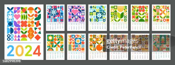 calendar 2024 - abstract geometric bauhaus shape style. vector color art design - march month stock illustrations