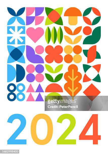kalender-cover-poster 2024 - abstrakter geometrischer bauhaus-formstil. vektor-farbkunst-design - bauhaus art movement stock-grafiken, -clipart, -cartoons und -symbole