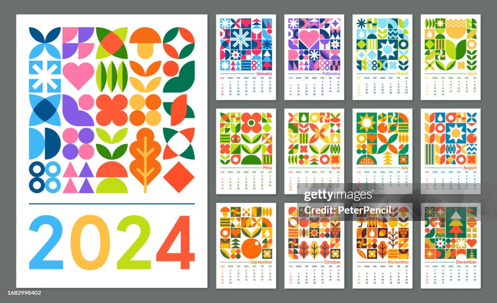 Calendario 2024 - Stile astratto geometrico Bauhaus. Disegno artistico a colori vettoriali
