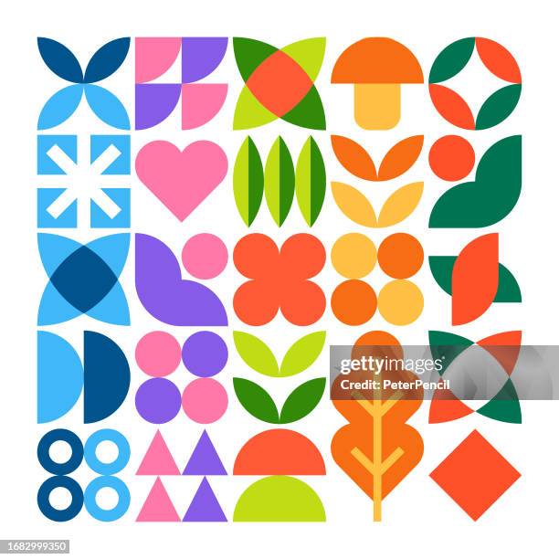 illustrations, cliparts, dessins animés et icônes de saisons - affiche géométrique abstraite - bauhaus shape style. arrière-plan du motif. grille géométrique moderne - vector color art design - bauhaus