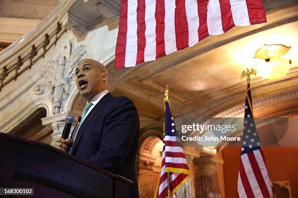 Newark Mayor Cory Booker speaks at the Newark City Hall on May 8, 2013 in Newark, New Jersey. Booker, who has declared that he will run for New...