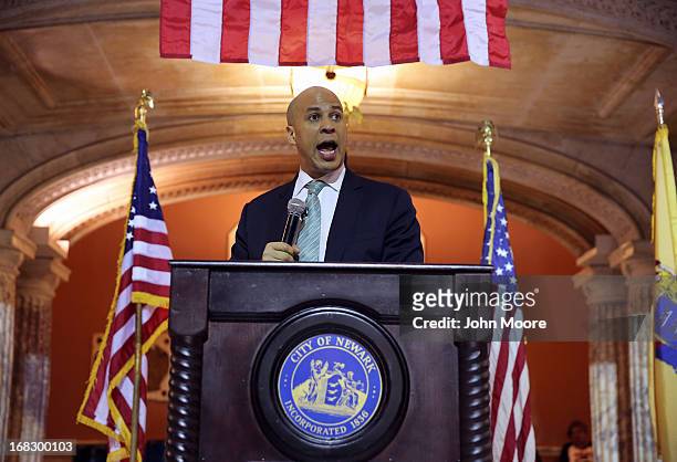 Newark Mayor Cory Booker speaks at the Newark City Hall on May 8, 2013 in Newark, New Jersey. Booker, who has declared that he will run for New...