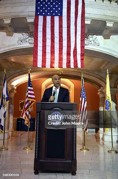 Newark Mayor Cory Booker speaks at the Newark City Hall on May 8, 2013 in Newark, New Jersey. Booker, who has declared that he will run for New...