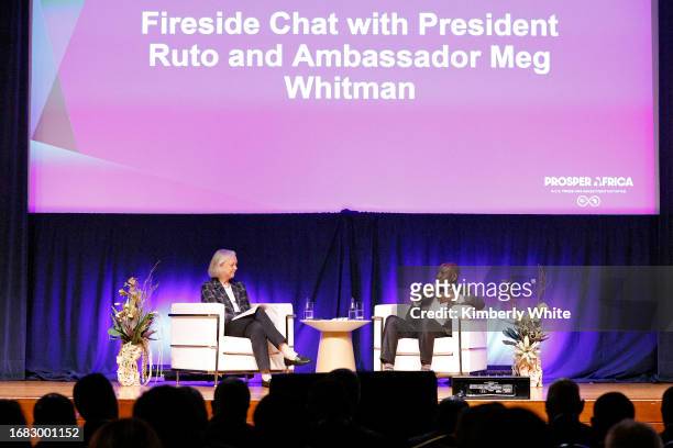 Ambassador Meg Whitman and President William Ruto speak onstage during the U.S. Kenya Business Roadshow on September 15, 2023 in San Francisco,...