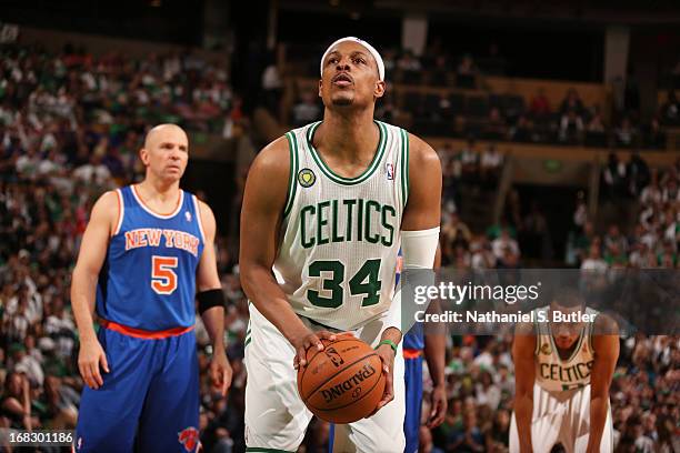 Paul Pierce of the Boston Celtics shoots a free throw against the New York Knicks in Game Four of the Eastern Conference Quarterfinals during the...