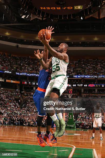 Terrence Williams of the Boston Celtics drives to the basket against the New York Knicks in Game Four of the Eastern Conference Quarterfinals during...