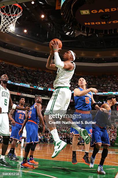 Paul Pierce of the Boston Celtics drives to the basket against the New York Knicks in Game Four of the Eastern Conference Quarterfinals during the...