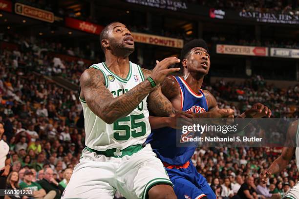 Terrence Williams of the Boston Celtics fights for position against Iman Shumpert of the New York Knicks in Game Four of the Eastern Conference...