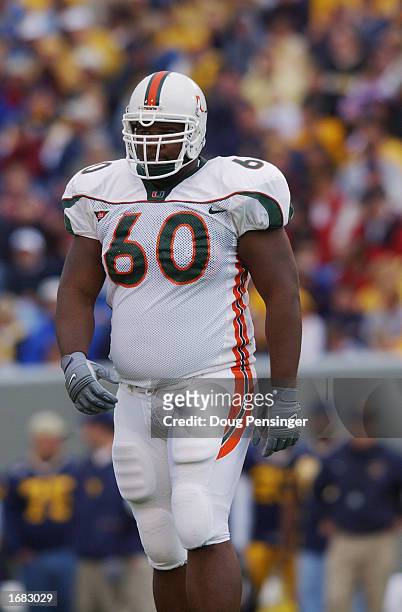 Offensive lineman Vernon Carey of the University of Miami Hurricanes looks on against the West Virginia University Mountaineers during a Big East...