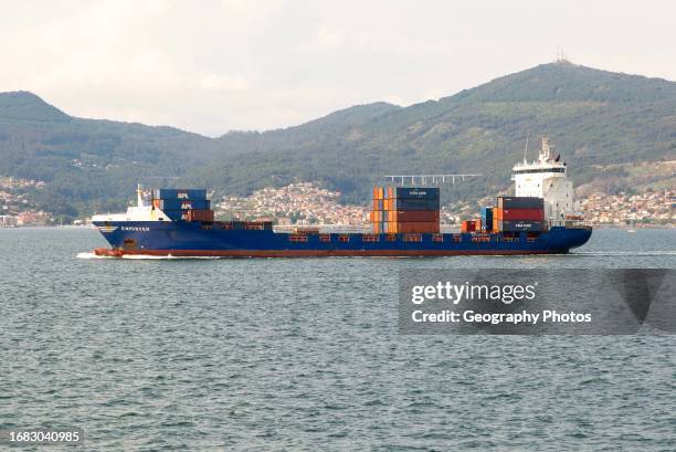 'Enforcer' container ship in Ria de Vigo estuary, Rande bridge, Vigo, Galicia, Spain.