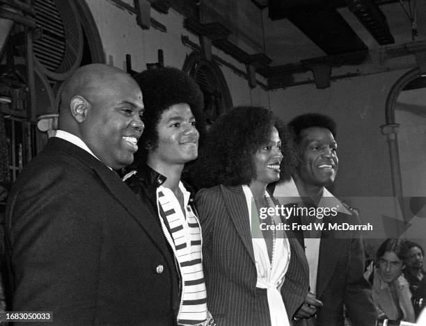 View of, from left, actors Ted Ross , Michael Jackson , Diana Ross, and Nipsey Russell during a press conference for the film 'The Wiz' at Astoria...