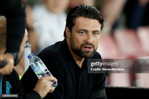 Russell Martin, Manager of Southampton, looks on prior to the Sky Bet Championship match between Southampton FC and Leicester City at Friends...