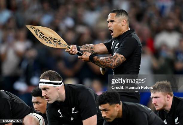 Aaron Smith of New Zealand leads his teammates in performing the Haka prior to the Rugby World Cup France 2023 match between New Zealand and Namibia...