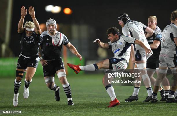 Blues scrum half James Lennon kicks upfield during the Premiership Rugby Cup match between Newcastle Falcons and Bedford Blues at Kingston Park on...