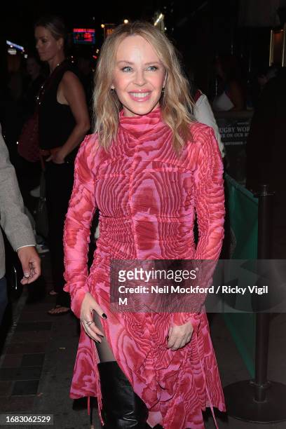 Kylie Minogue seen attending London Fashion Week opening party at Lio London on September 15, 2023 in London, England.