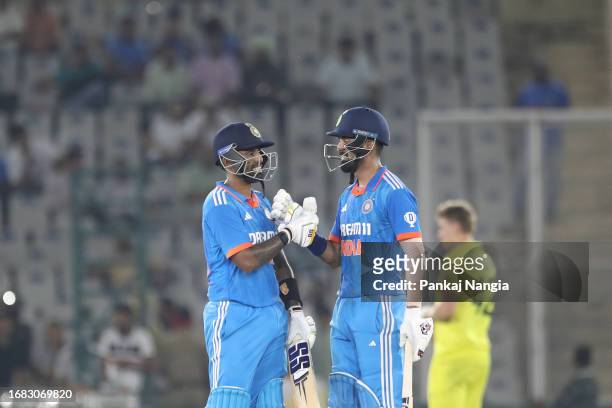 Suryakumar Yadav of India celebrates after scoring a fifty with KL Rahul of India during game one of the One Day International series between India...
