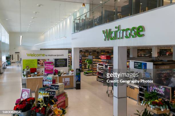 Interior of Waitrose supermarket shop store, Ipswich, Suffolk, England, UK.