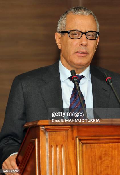 Libyan Prime Minister Ali Zeidan gives a press conference on May 8, 2013 in Tripoli, Libya. Zeidan announced a cabinet reshuffle "in the coming...