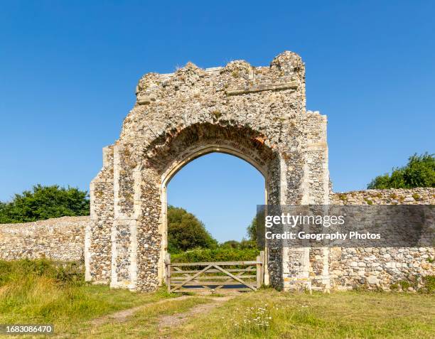 Ruins of gatehouse of Greyfriars Friary, Dunwich, Suffolk, England, UK.